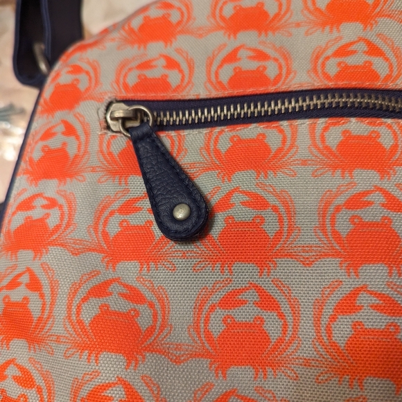 Sarah Watts crabby orange pattern messenger bag with blue leather strap - Picture 2 of 15
